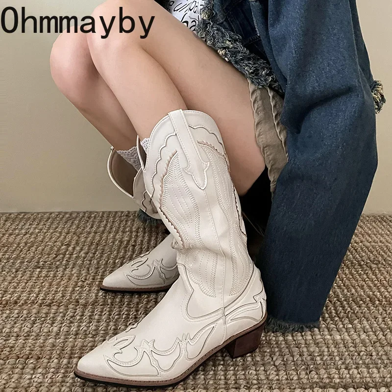 Vintage V mouth Women Western Knee-High Boots Fashion Pointed Toe Shoes Autumn Winter Thick Heel Ladies Knight Long Booties