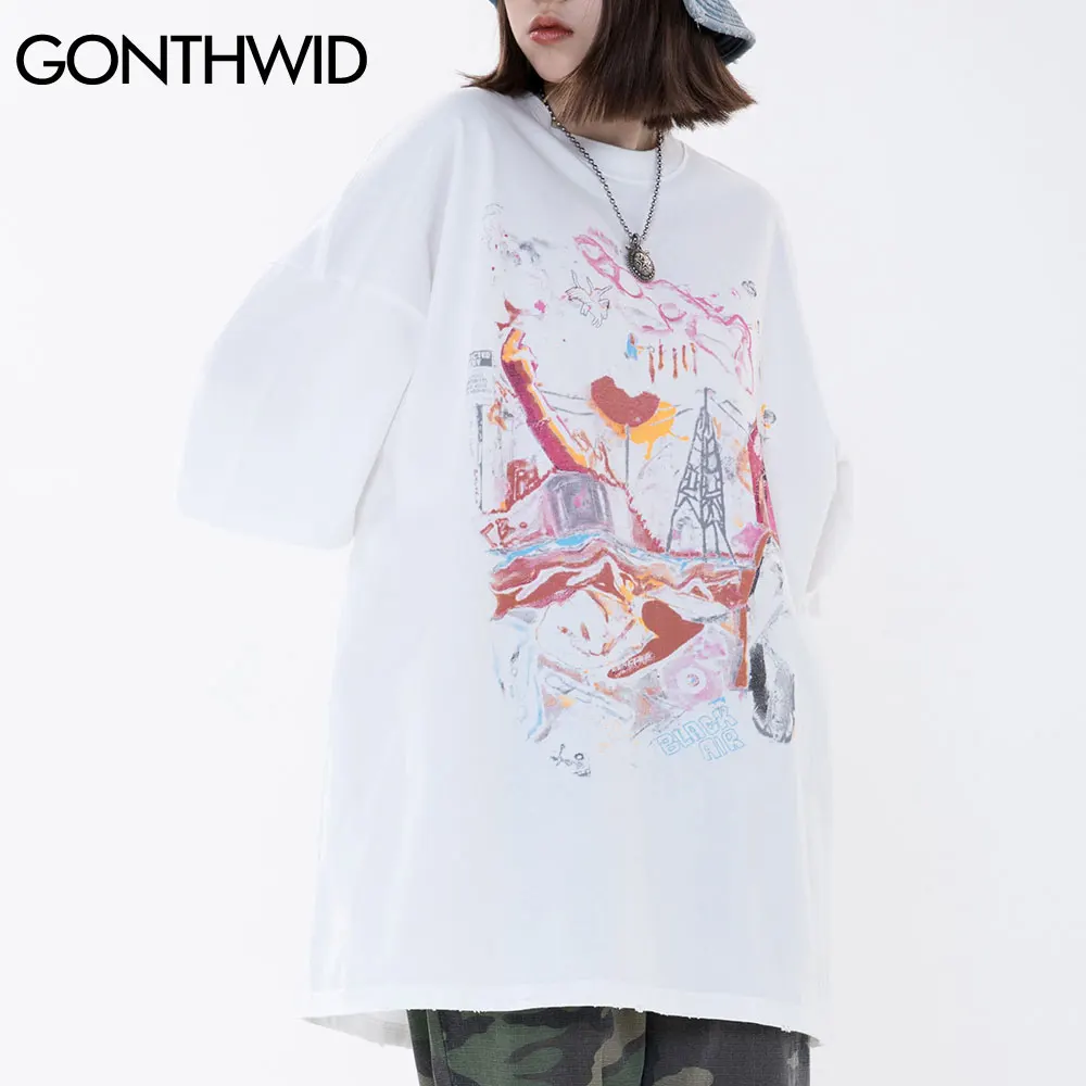 GONTHWID Oversized T-Shirts Hip Hop Distressed Graffiti Punk Rock Gothic Tee Shirts Streetwear Harajuku Hipster Short Sleeve Top