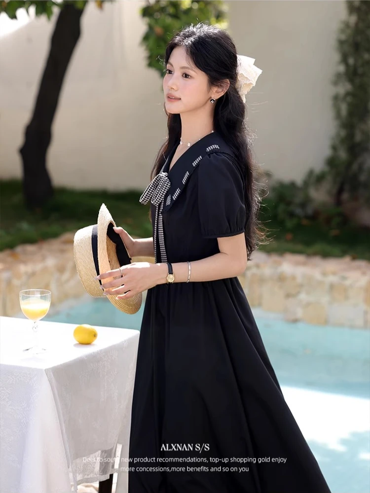 ALXNAN Black Long Dress Vintage Elegant V-neck Casual Holiday Women's Midi Dress 2025 Short Sleeve Clothing Ladies L55706