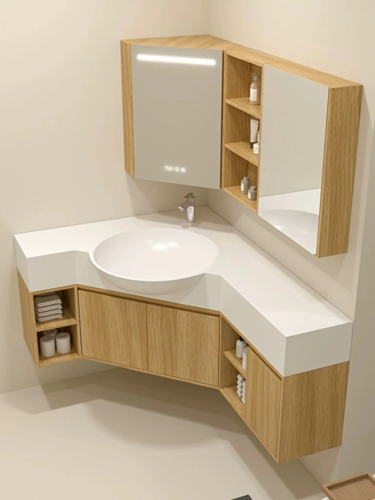 Special-shaped custom corner extension extended bathroom cabinet DuPont Corian integrated basin washstand triangular wash basin