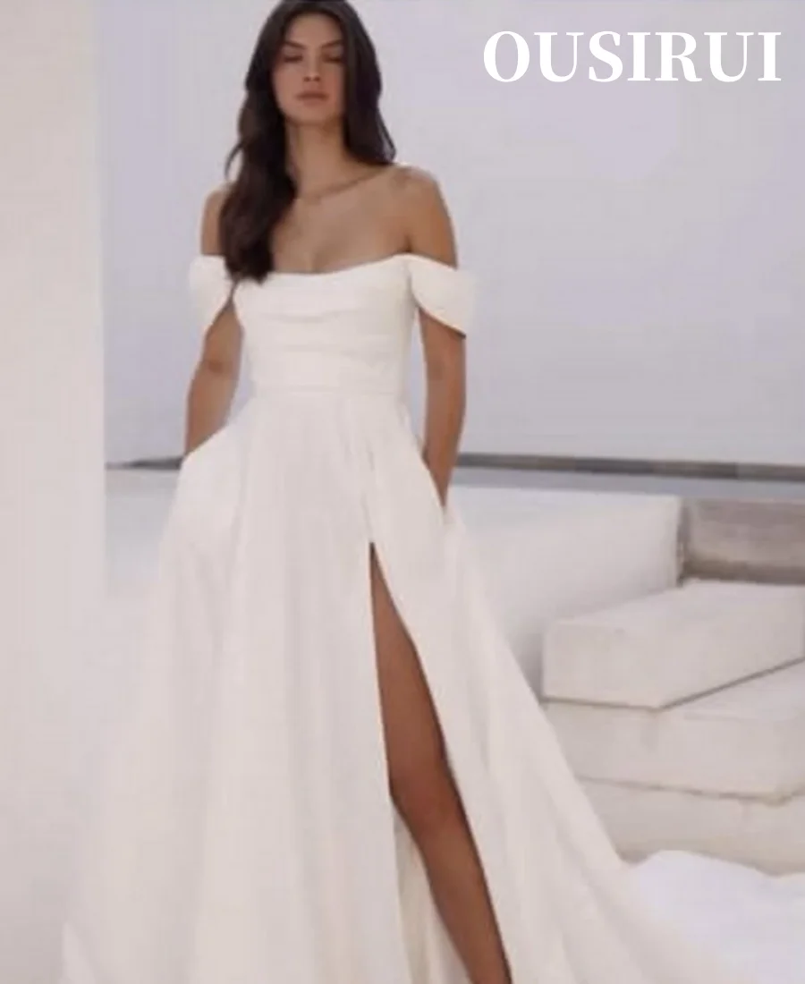 Robe de Mariée en Satin Élégante à Manches Courtes, Fente Latérale, avec Poche, pour Patients Civiles, Personnalisée sur Mesure, 2024