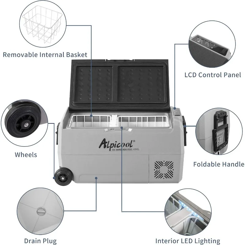 Alpicool-congelador portátil do refrigerador do carro, controle duplo da temperatura, refrigerador 12 volts, 38 quart,-4 °F ~ 68 °F, para o caminhão, RV, barco, T36