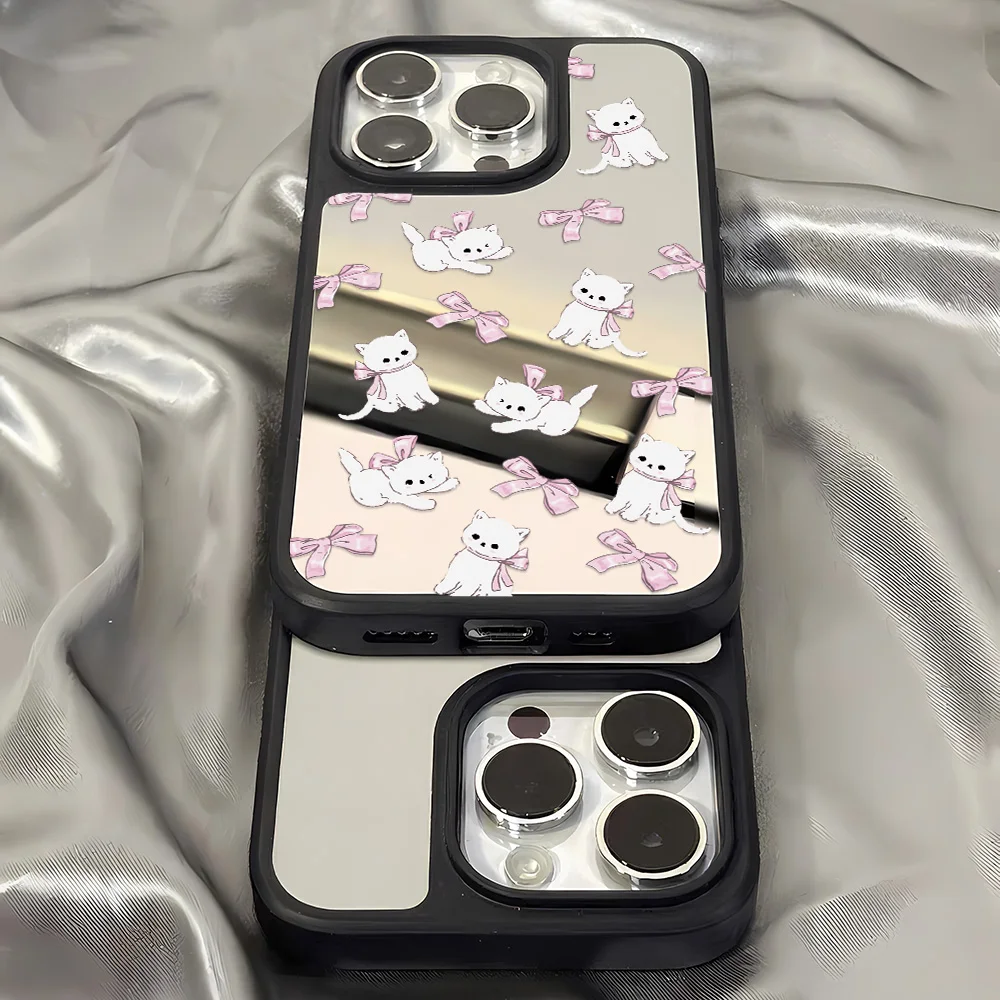 เคสโทรศัพท์ลายการ์ตูนสัตว์แมวน่ารักพร้อมกระจก สำหรับ iPhone 16 Pro, iPhone 14, 13, 15, 11, 12, 17 Pro Max เคสซิลิโคนนิ่มกันกระแทก