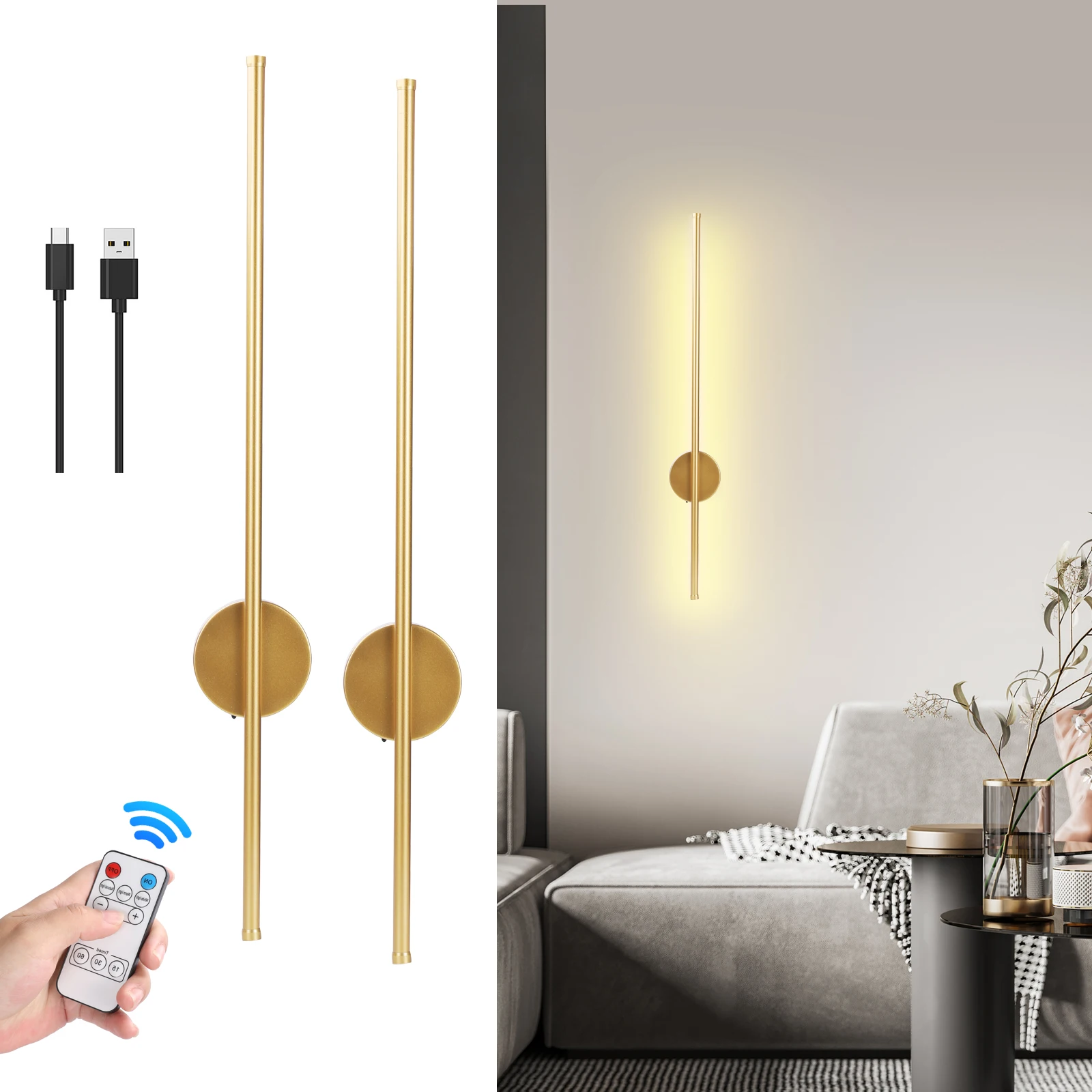 Rechargeable USB LED Wall Lamp with Remote Control Wireless Bedroom Bedside Long Stripe  Lamp Modern Style 50cm/80cm Lighting