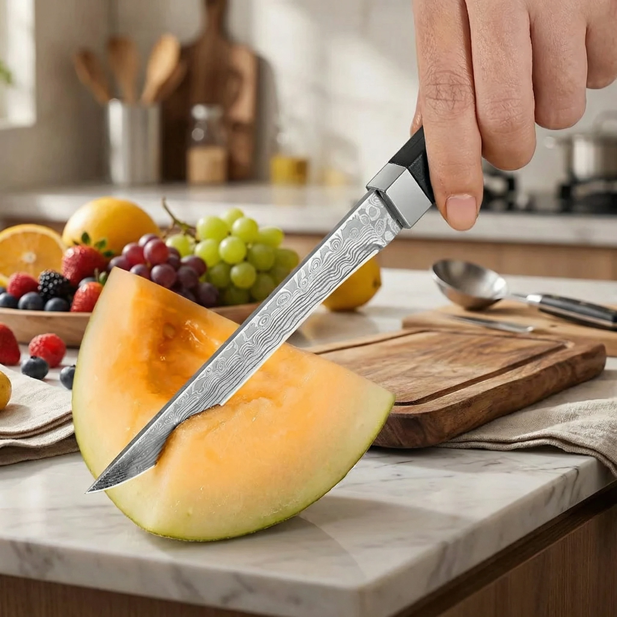 Professionelles Küchenmesser mit gerader Klinge aus scharfem Edelstahl, geeignet zum Schneiden von Fleisch und Gemüse sowie als Obstmesser. – Detail 3