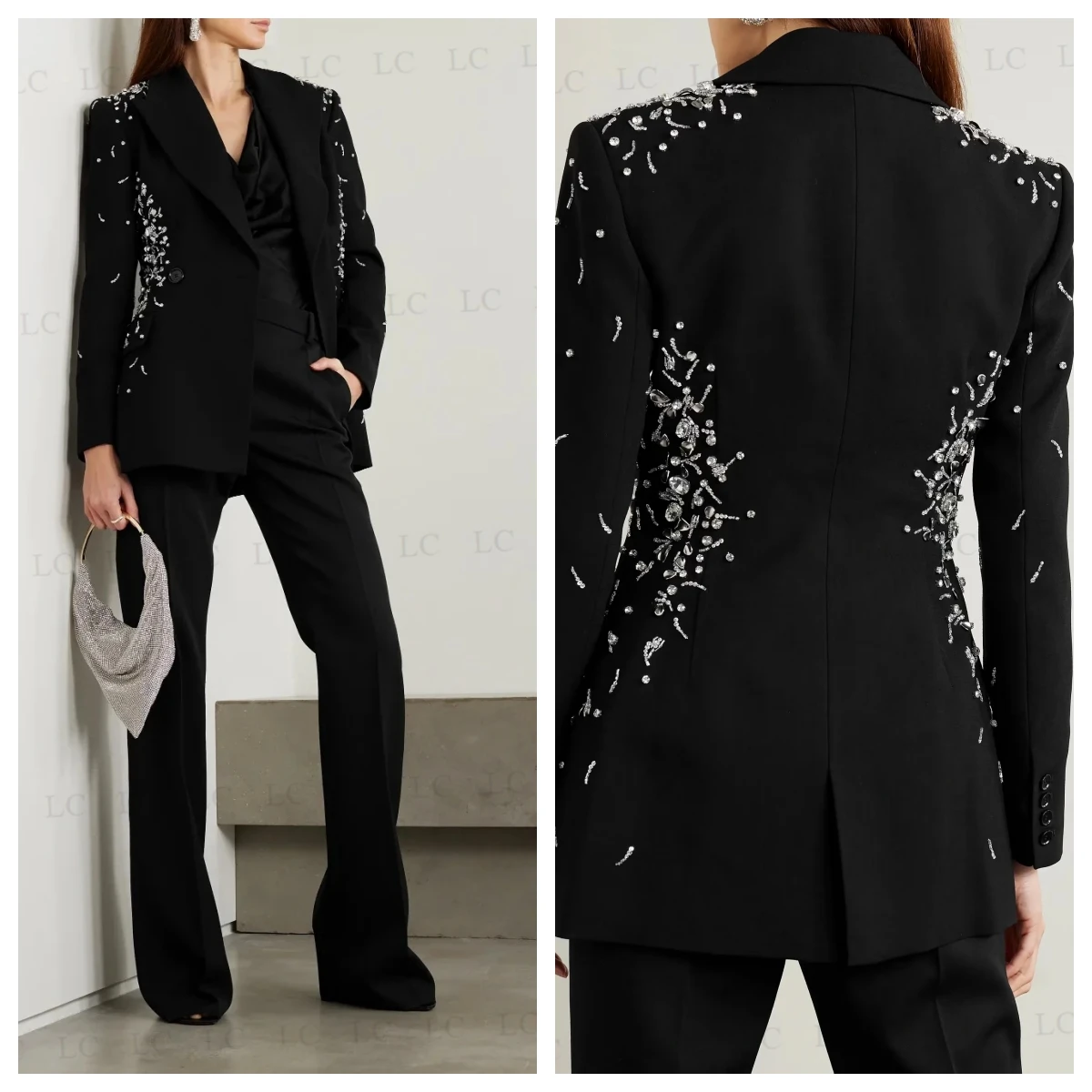 موضة التلبيب جميع النساء السود الدعاوى 2 قطعة السترة السراويل الخرز سليم صالح زر واحد حجم كبير مخصص أم العروس