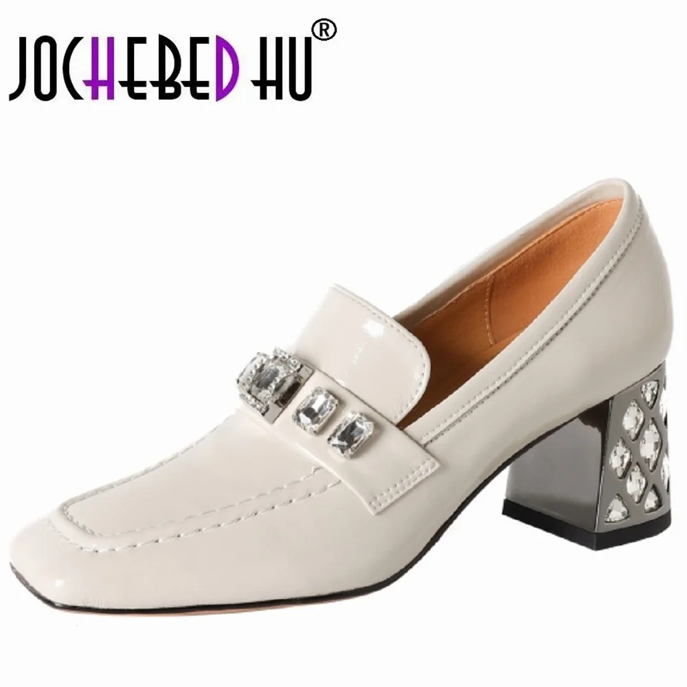 

【JOCHEBED HU】Handmade Genuine Leather Square Toe High Heels Shallow Spring Autumn Shoes Dating Party Rhinestone Elegant 34-40