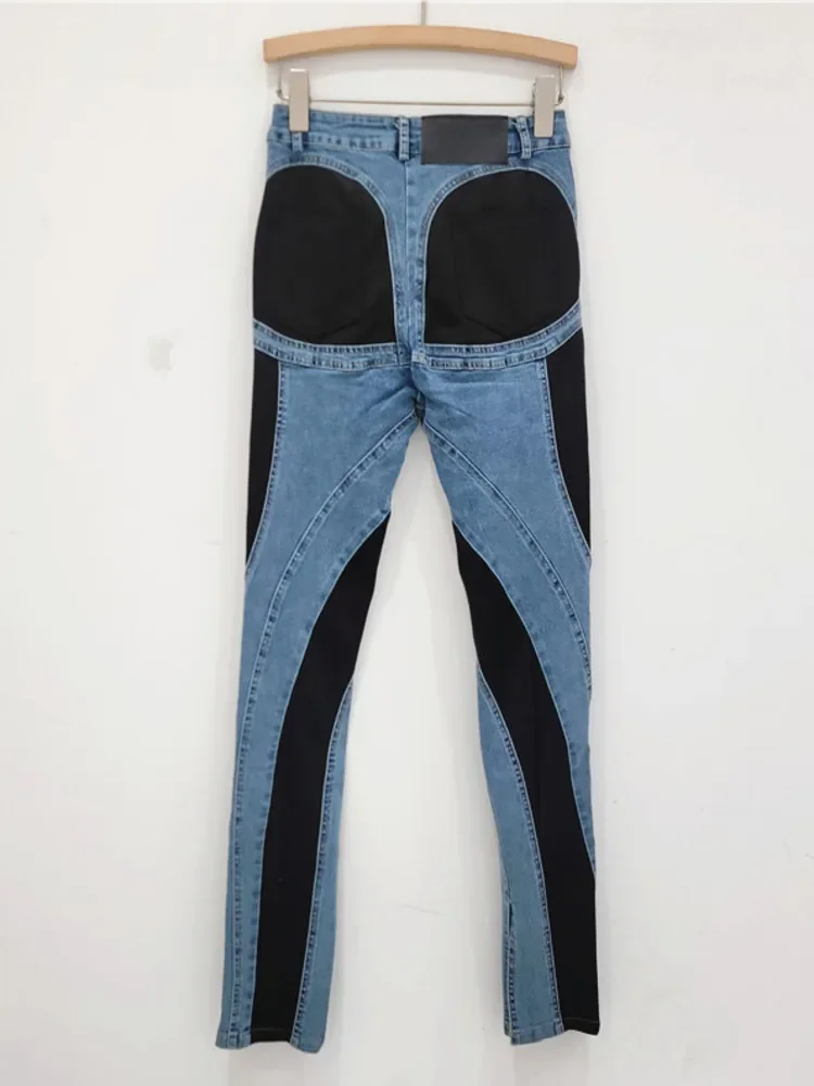 Spliced Denim Pants For Women Boot Cut Design Fashion Contrast Colors High Street Jeans Female 2024 Autumn New