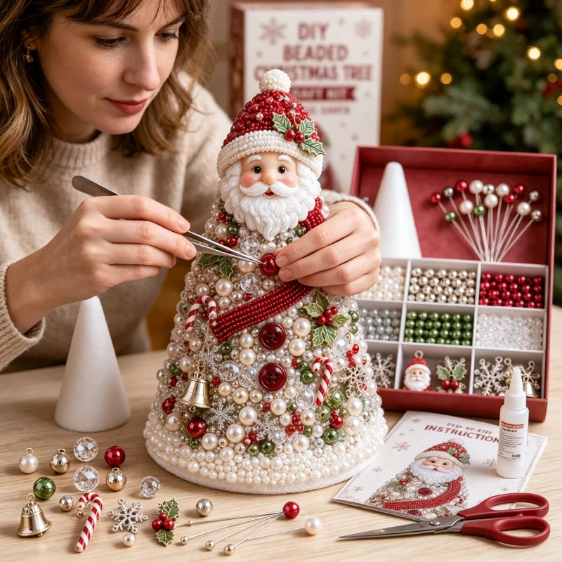 Santa Beaded Christmas Tree DIY Craft Kit Complete Beads Bell Supplies For Hand Made Tabletop Holiday Home Decor Christmas Gift