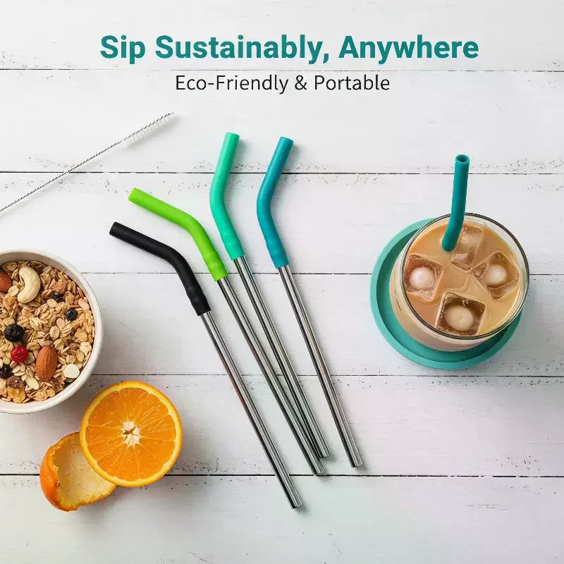 Reusable Stainless Steel Straws With Soft Colorful Silicone Tips Perfect For Smoothies Juices Cocktails Home Parties Daily Use