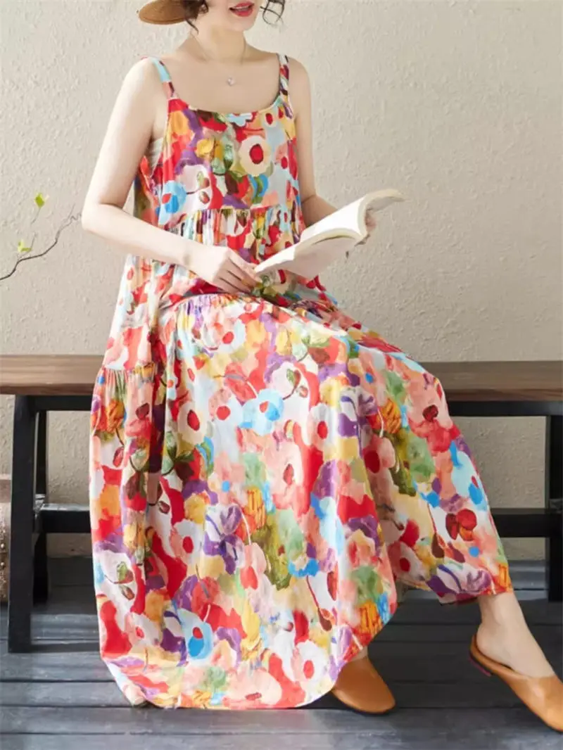 

2024 Summer New Lazy Irregular Suspended Dress Fashionable And Versatile Printed Large Size Sundresses For Women K448