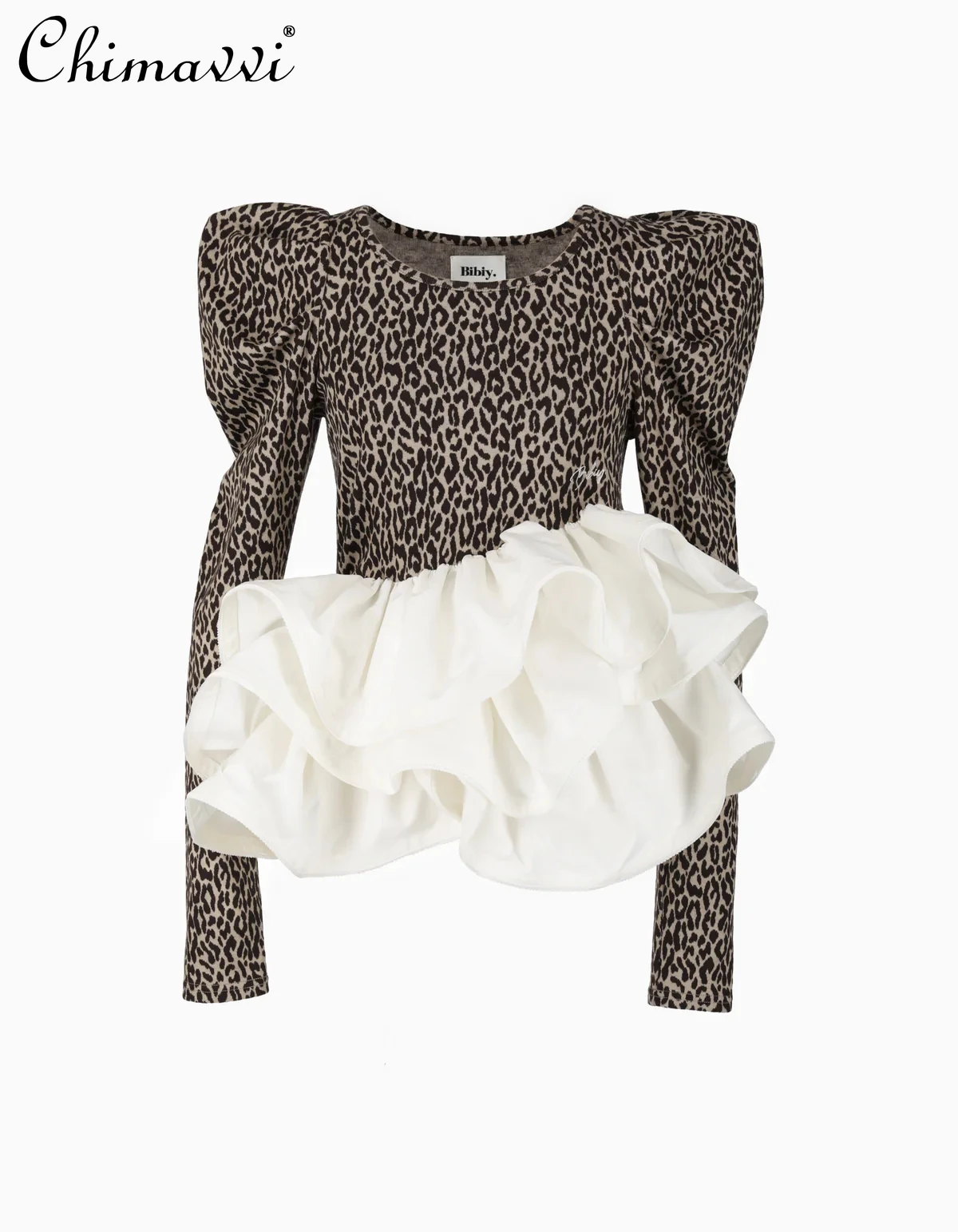 

Japanese Style Sweet Girl Ruffled Puff Sleeve Leopard Print Top Spring New Round Neck Long Sleeve Slim Princess T-Shirt Top