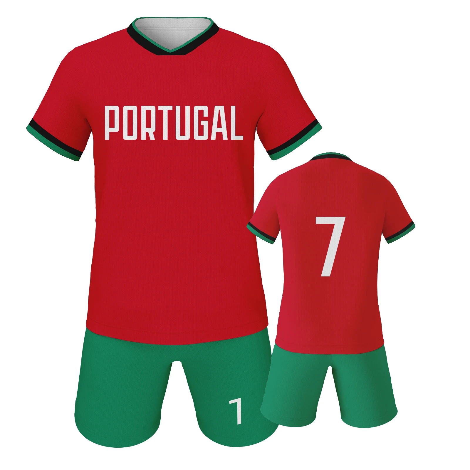 Portugal Kids Soccer Jersey Set #7 Boys Girls Youth Football Kit Red Shirt and Green Shorts Quick Dry Training Sportswear