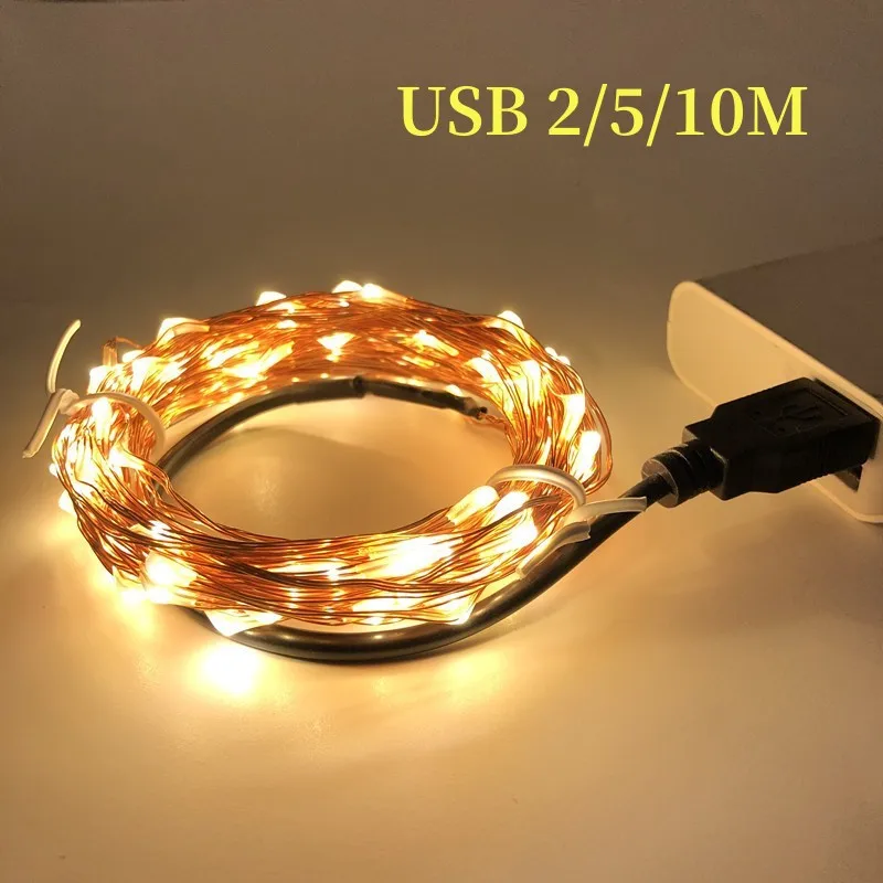 Guirnalda de luces LED USB de 2/5/10/20M, guirnalda de alambre de cobre y plata, luces de hadas impermeables para decoración de Navidad, bodas y fiestas