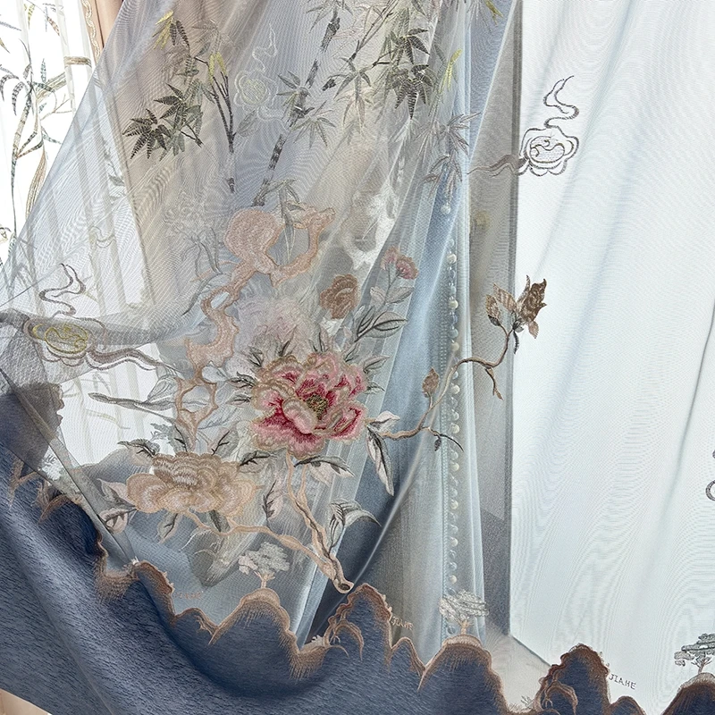 Custom vintage high-end villa living room bedroom balcony blue chenille cloth blackout curtain tulle valance drape C2136