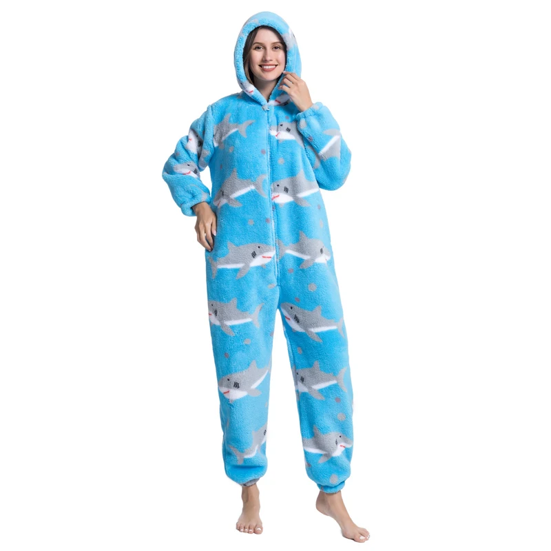 

Warm Shark Print Onesies For Adults Plush Pijamas Kigurumi Anime Pajamas Women Cosplay Costume Men One-Piece Pyjamas Halloween