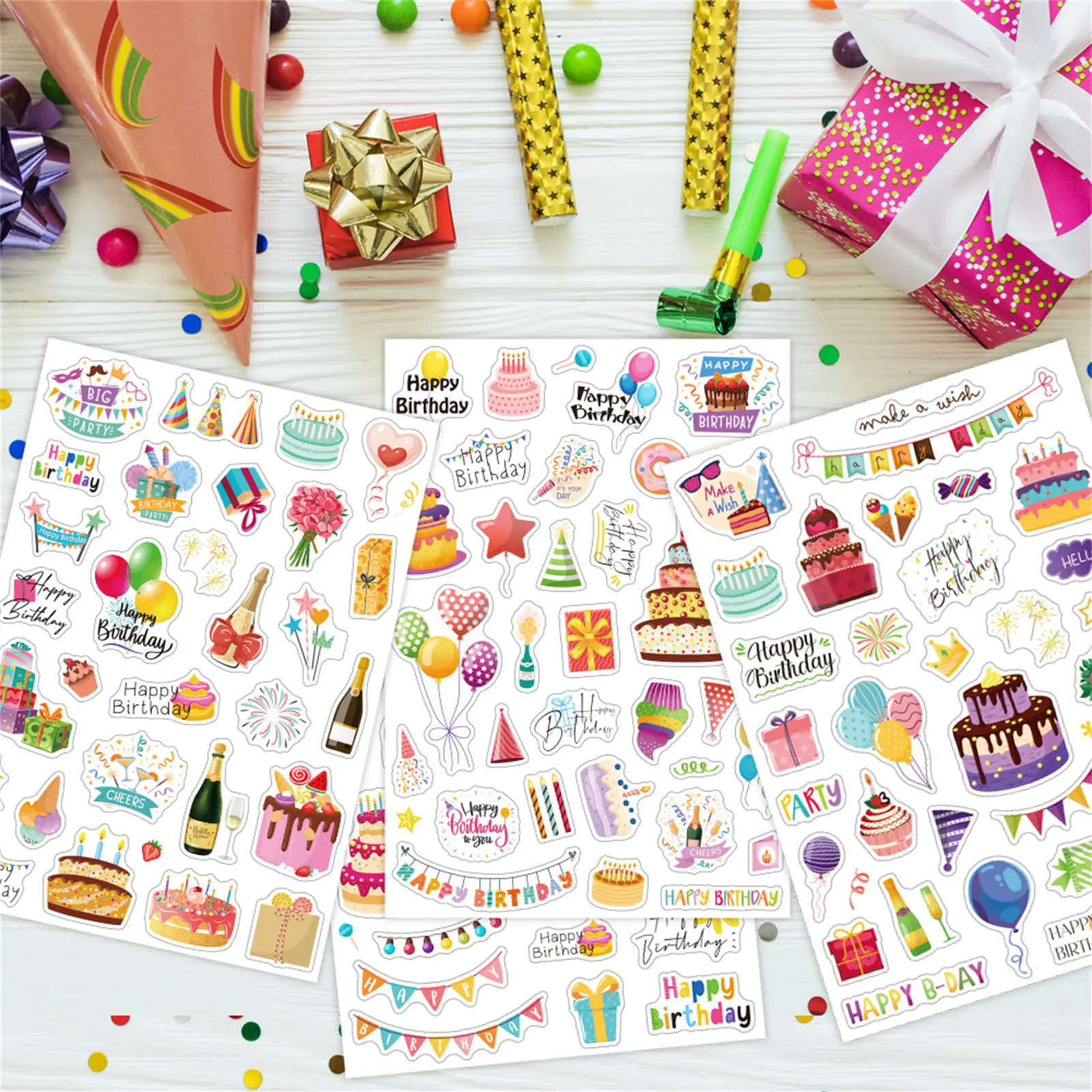 4 Blatt Cartoon-Aufkleber „Happy Birthday“ für Kinder, Party, Geschenk, Dekoration, Scrapbooking, Notizbuch, Gepäck, DIY, Schreibwarenaufkleber
