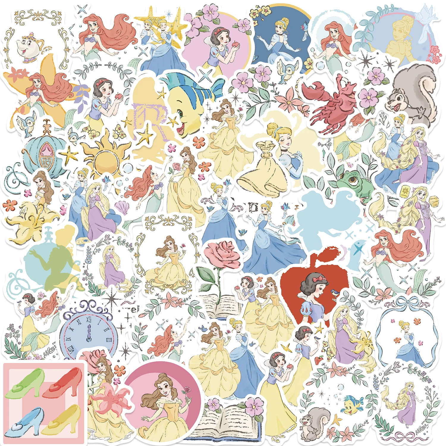 

50PCS Disney Princess Scrapbook Anime PVC Stickers DIY Diary Laptop Luggage Skateboard Graffiti Decal Classic Kid Toy Waterproof
