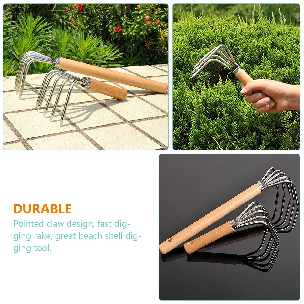 

Beach Shell Digging Rake Stainless Steel 5 Tooth Claw Design Wood Handle for Oyster Clam Harvesting Portable Seafood Gathering