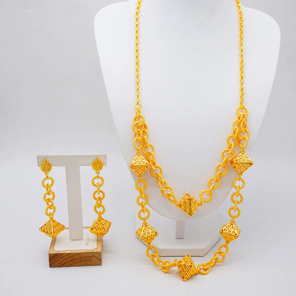 

Double Chain Gold Plated Long Jewelry Set For Women Luxury Golden Earrings Necklace Jewelry Set For African Women Wedding Gifts
