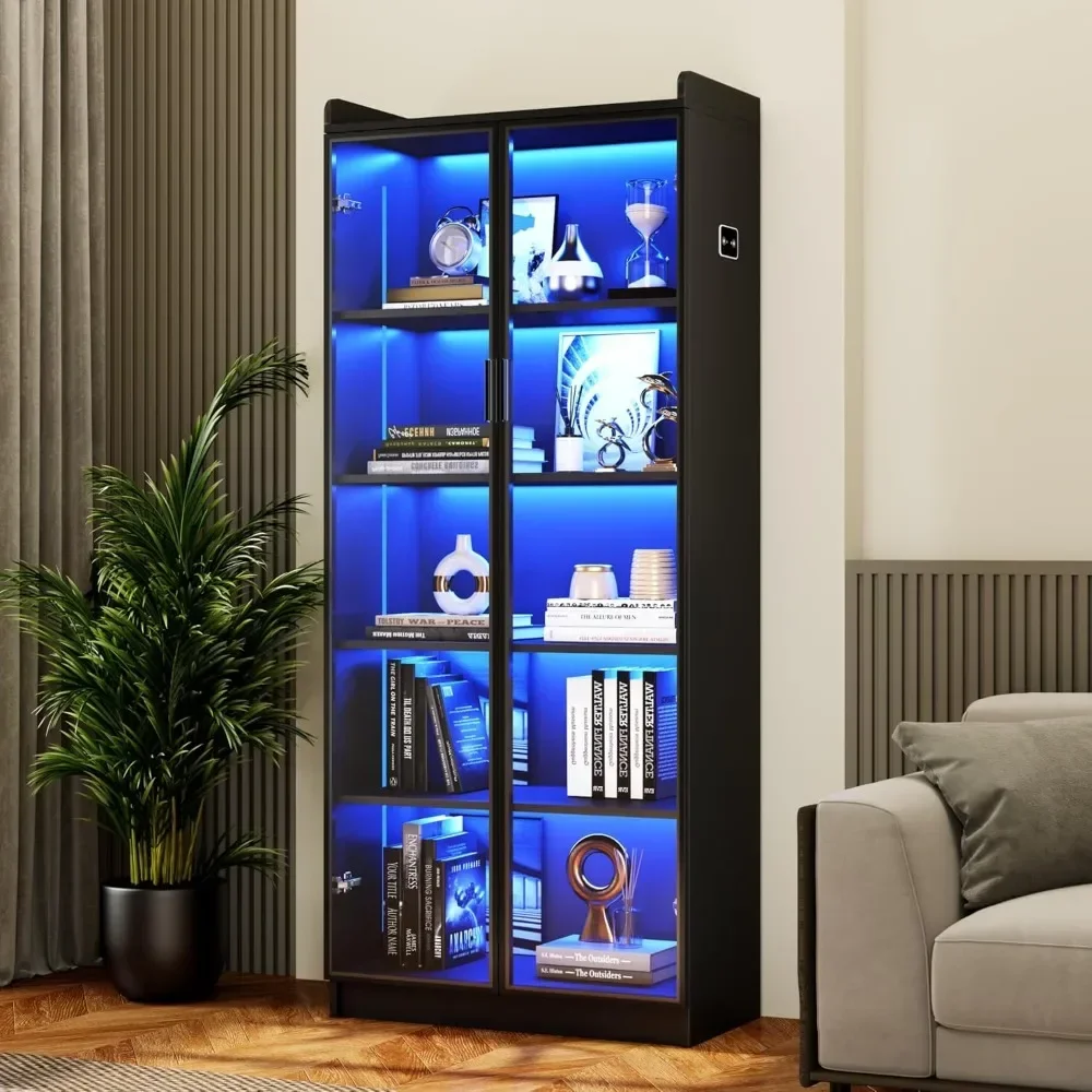 

Display Cabinet with Doors and Adjustable Shelves, 65" Tall Bookcase with Metal Handle/Human Sensor, 5 Tier Display Case