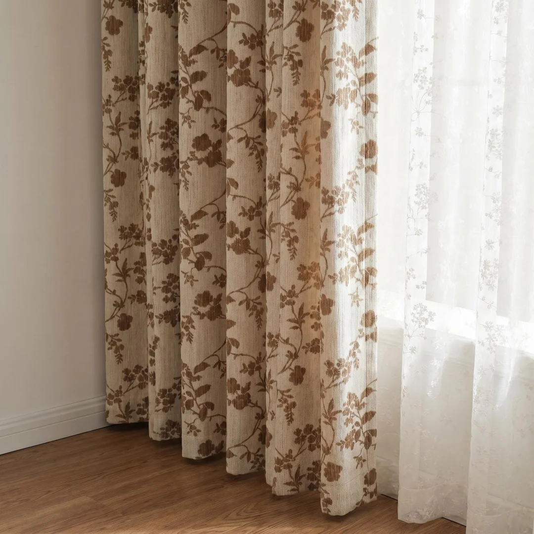 Old Money Beige Brown Botanical Pattern Thick Curtain Light Blocking Window Drape For Rental House Study Room Decoration