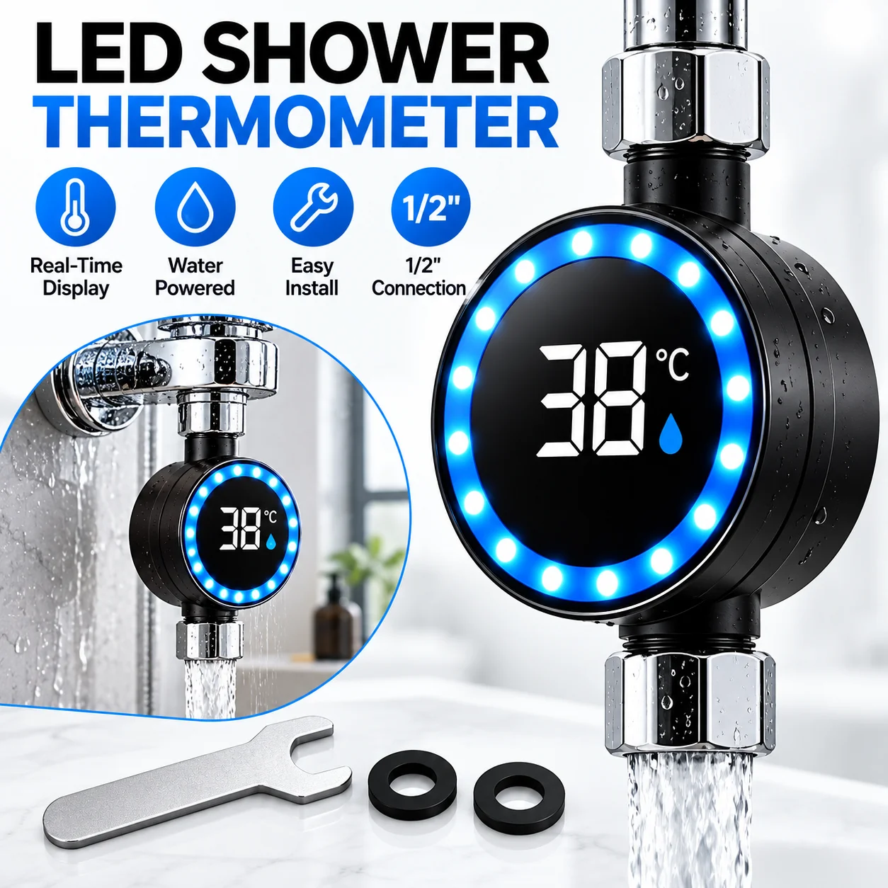 LED Digital Shower Water Thermometer Water Powered Real Time Temperature Display 1/2 Inch Bathroom Faucet Shower Hose Meter