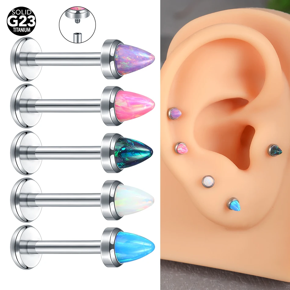 1Pc G23 Titanium Opal Ear Tragus Stud Internally Threaded Helix Piercing Labret Stud Earrings for Women Body Jewelry 16G 14G