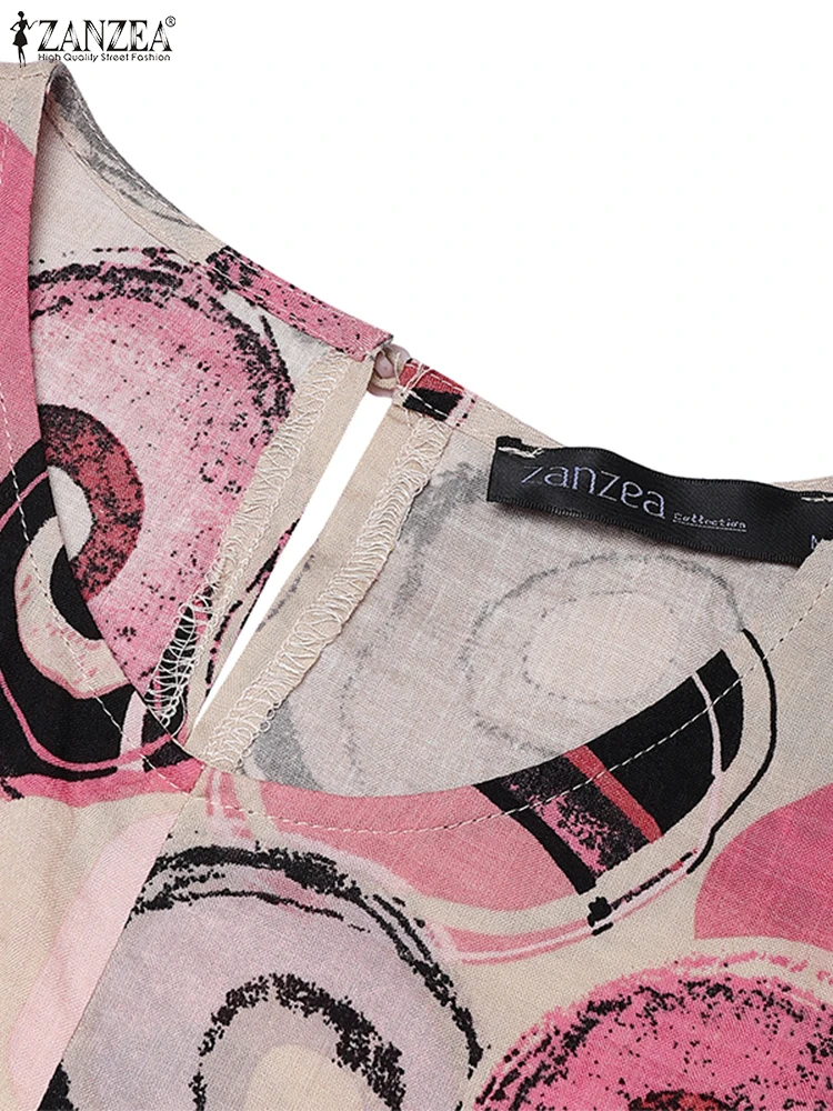 ZANZEA 여성 여름 코튼 린넨 미니 드레스 캐주얼 라운드 넥 민소매 인쇄 짧은 가운 휴가 데이웨어 Vestidos Mujer