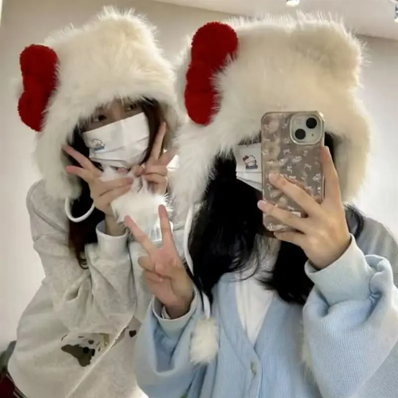 1 pc Sweet woman girls Cute Red Bow Plush Bonnet Women Autumn and Winter Thick Warm ear protection Earflaps Beanie Caps