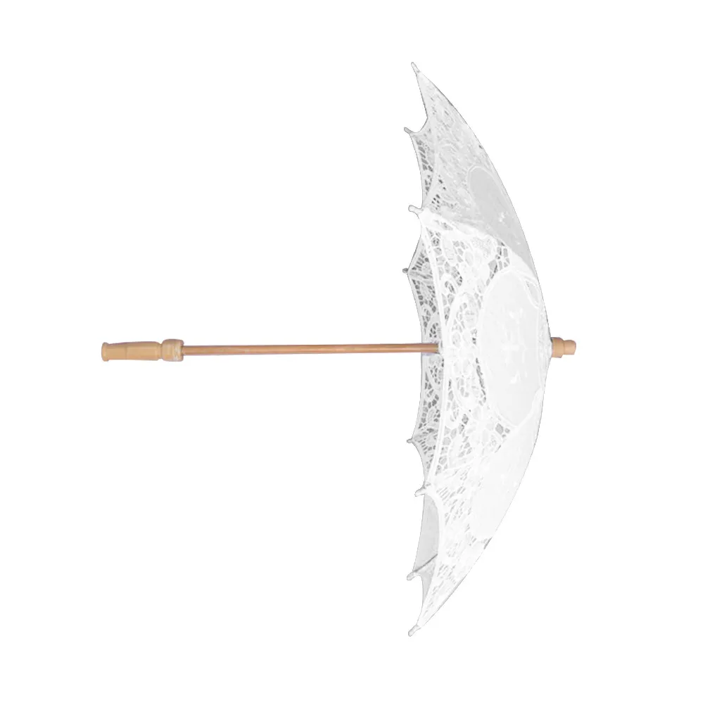 

Elegant Pure Cotton Lace Umbrella with Embroidery White Wooden Handle for Wedding Bridal Shower Photo Props Party Decor 43Cm