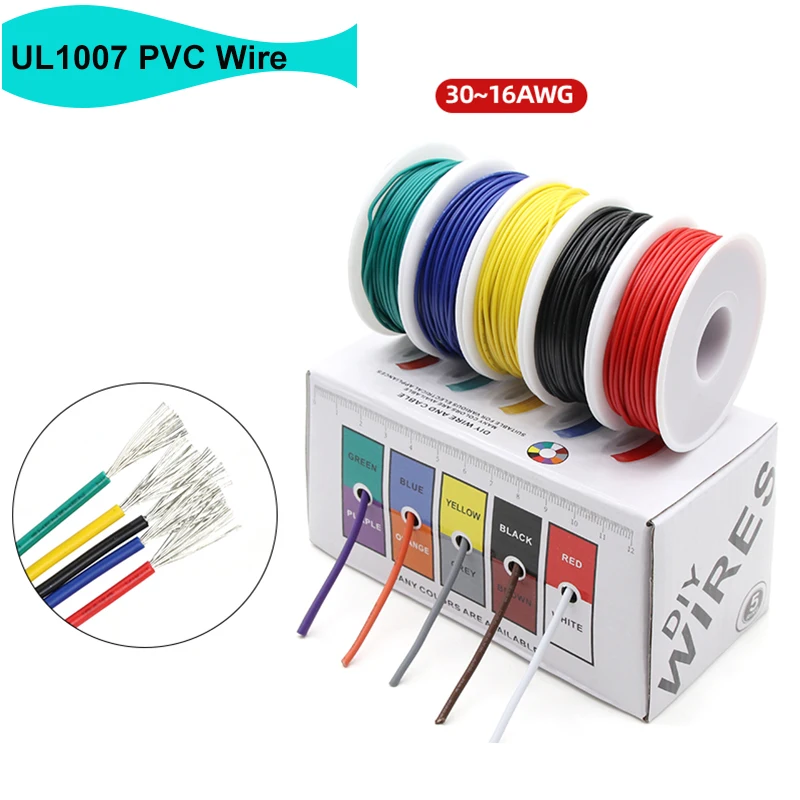 

UL1007 PVC Wire 5 Colors Mix Kit Insulation Tinned Copper Cable 30/28/26/24/22/20/18/16 AWG Stranded Electrical Line PCB Wire