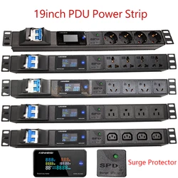 19Inch PDU Power Strip EU US UK C13 Universal Socket Digital Voltmeter Ammeter Wattmeter 16A/32A Air Switch Surge Protector