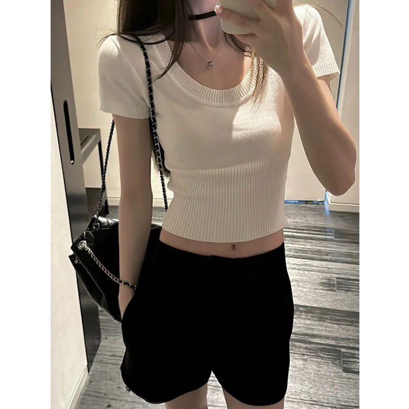 

T-shirt Shoulder U-neck Spice Girls Knitted Short-sleeved Women's Summer Design Sense Tight Waist Navel Short T-shirt