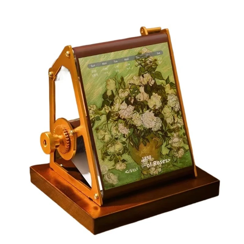 

Hand crank mechanical calendar office desktop ornament world famous painting oil painting desk calendar