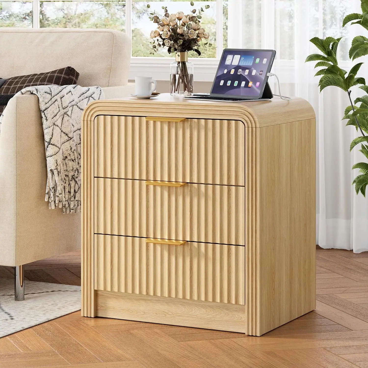 

Fluted Nightstand with Fast Charging Station, 19.7" Wide Side Table with 3 Large Drawers, Modern Bedroom Nightstand with Gold