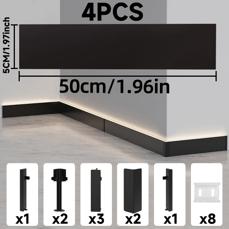 Afbeelding 5: Aluminium LED Top Light Plint 50cm 4 Stuks 3 Kleuren, Opwaartse Lichtplint Trim voor Woonkamer Slaapkamer Vloerlijsten