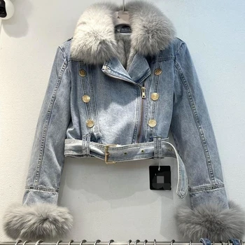 Image Women Imitation Fox Fur Collar Spliced Denim Coat Thickened Plush Inner Jeans Jacket Short Turn Down Collar Cardigan Belted Tops