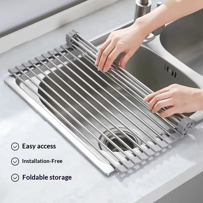Folding Stainless Steel Sink Drying Rack, Multi-functional Kitchen Rack for Bowls, Plates, Vegetables, and Fruits.