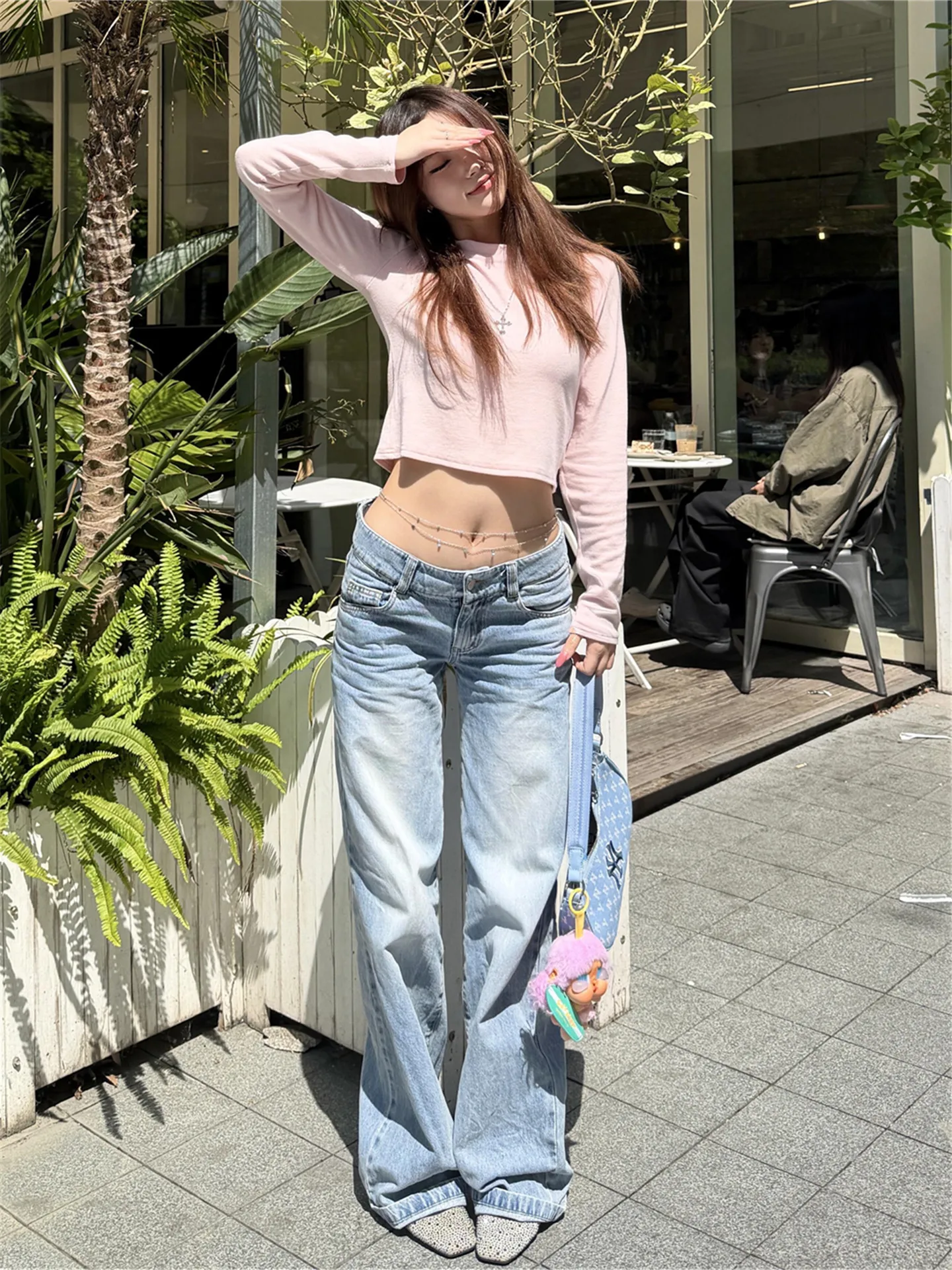 

American Street Style Low Waist Straight Leg Blue Jeans Women Summer Loose Drapey Tall Extended Wide Leg Pants Casual Cotton