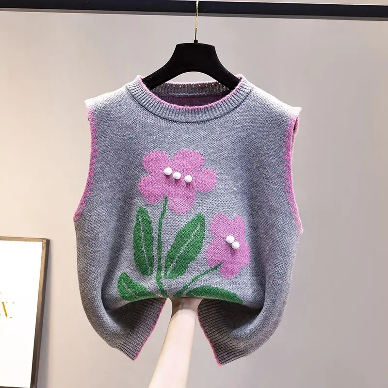 Knitted Vest for Spring and Autumn Loose Fit Women\'s Vest Round Neck Sweater Age Reducing Sleeveless Camisole Outerwear Tops