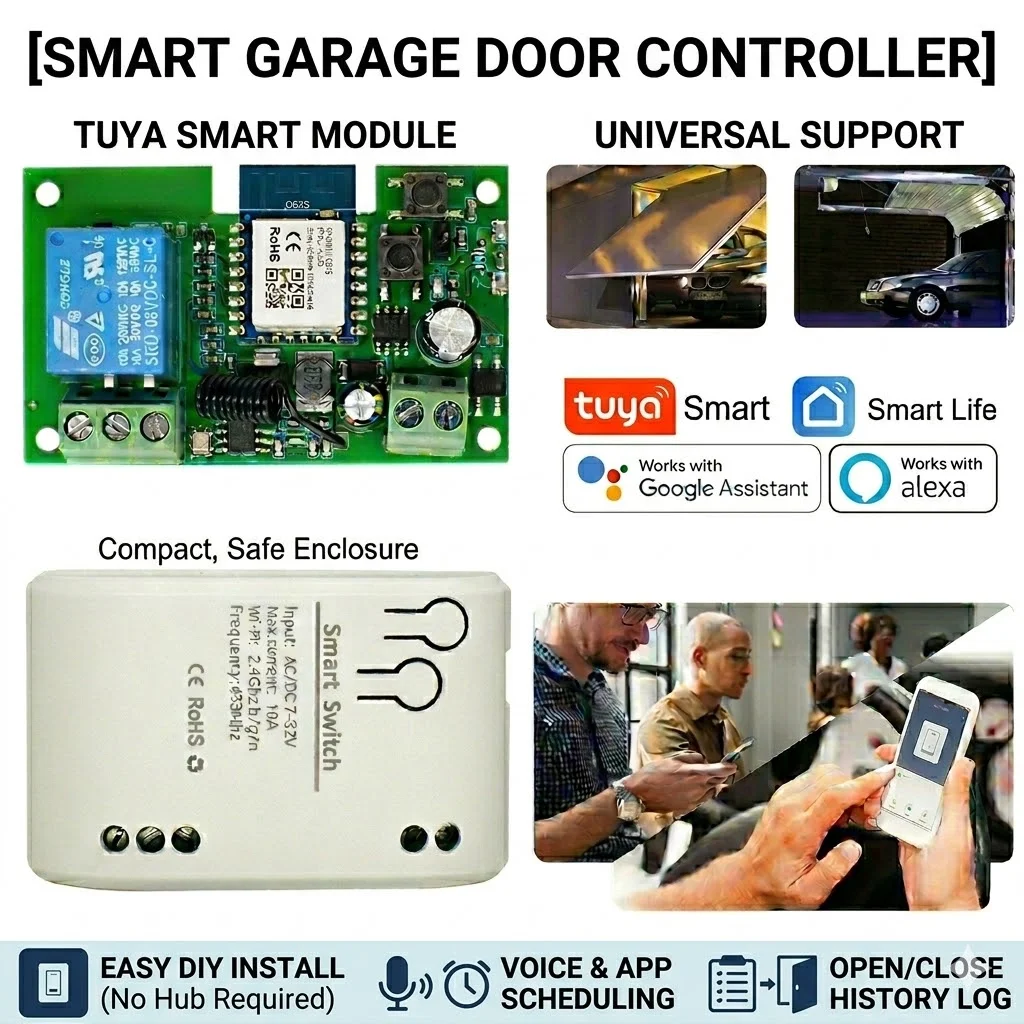 1CH Tuya Smart WiFi Garage Door Opener Relay Broad 12V 24V 220V Dry Contact NO/NC/COM Module Remote Switch for Light/Motor,Alexa