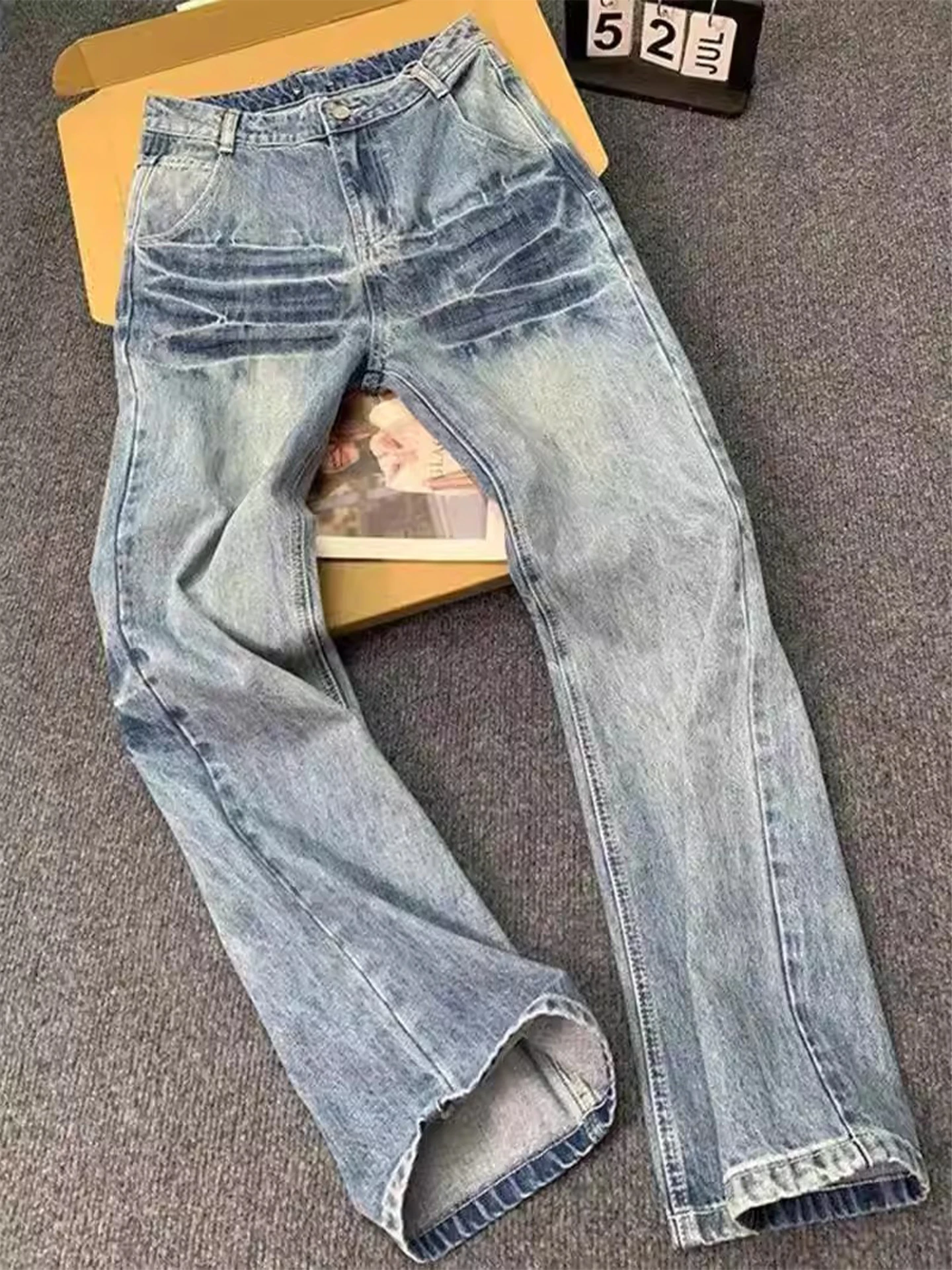 American High Street Vibe Lightning Pattern Men's Jeans CleanFit Handsome Flared Pants Design Sense Washed Bend Knife Pants