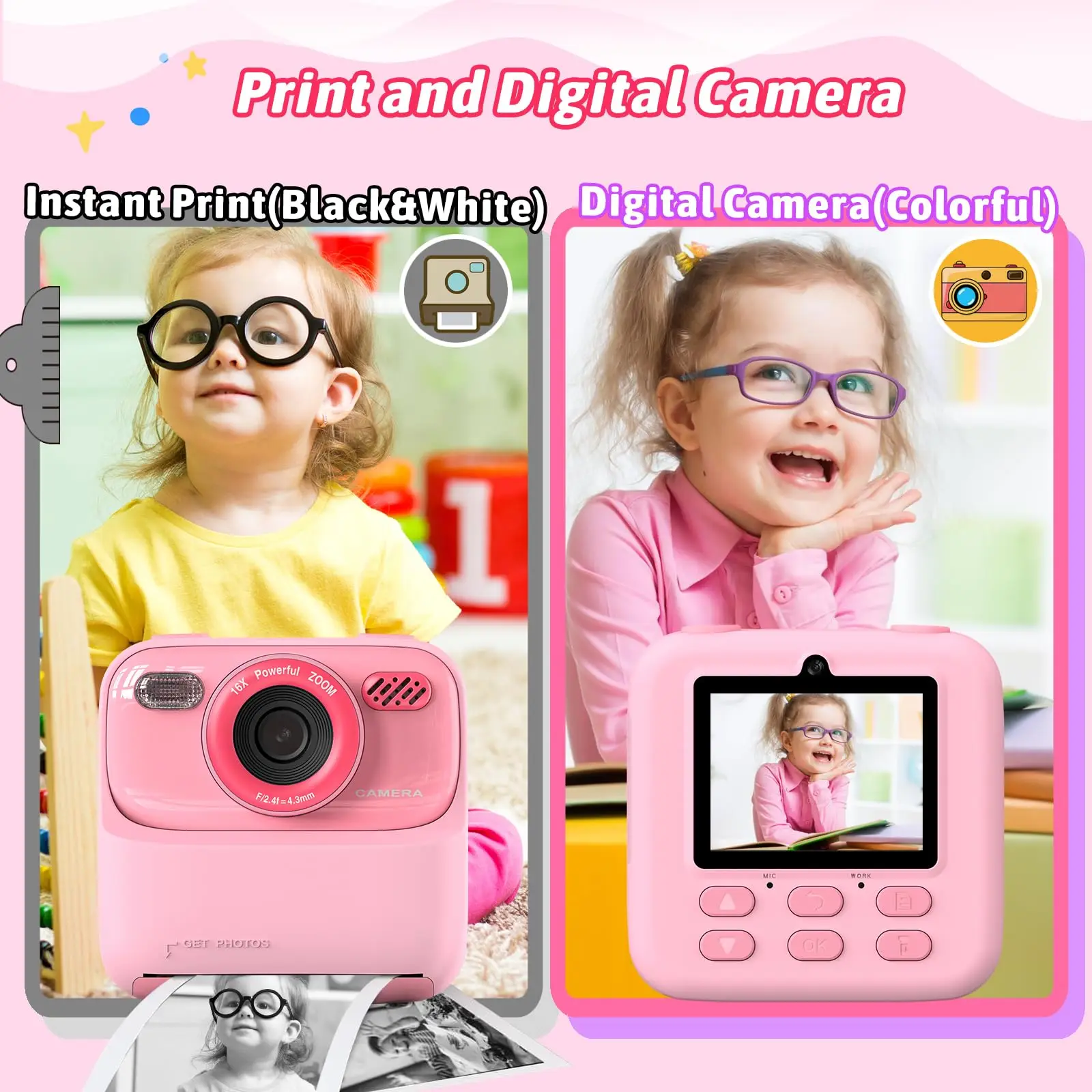 AMORUS Kinderkamera, sofortige 1080P HD Dual-Objektiv-Selfie-Digitalkamera für Mädchen und Jungen, Weihnachts- und Geburtstagsgeschenke, Spielzeug mit 32G-Druck – Detail 3