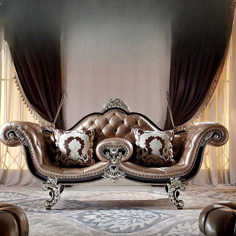 

European living room furniture large apartment neoclassical leather art buckle double chair chaise longue beauty couch furniture