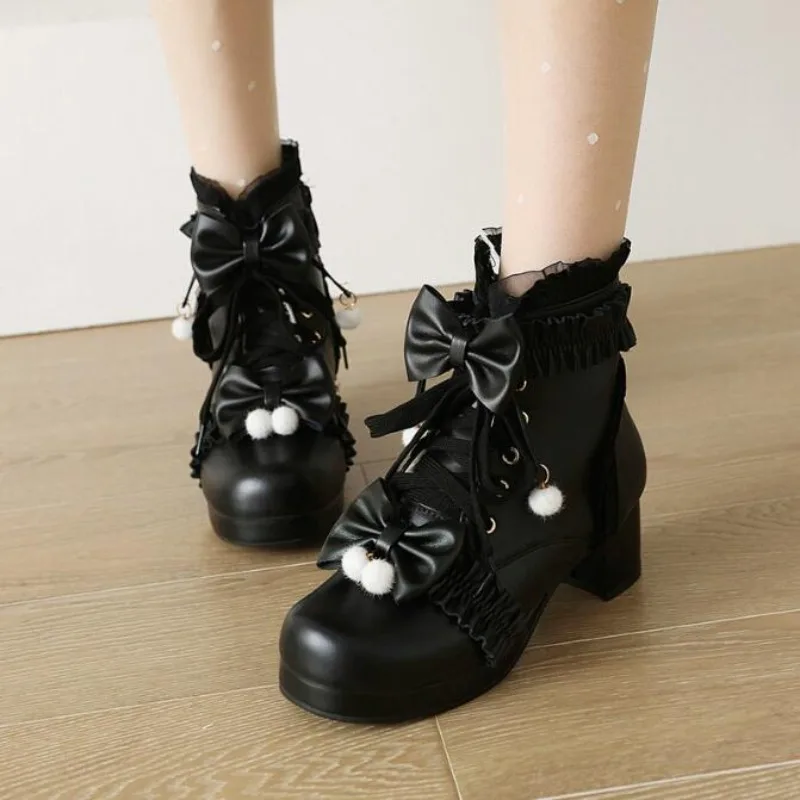 Size 28-43 Girls Boots Women Ankle Boots Lolita High Heel Lace Up Boots Sweet Bow Princess Cosplay Wedding Party Shoes