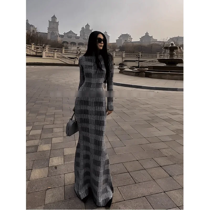 New Winter Plaid Fishtail Dress Knitted Long Sleeve High Neck Waist Vintage Dress