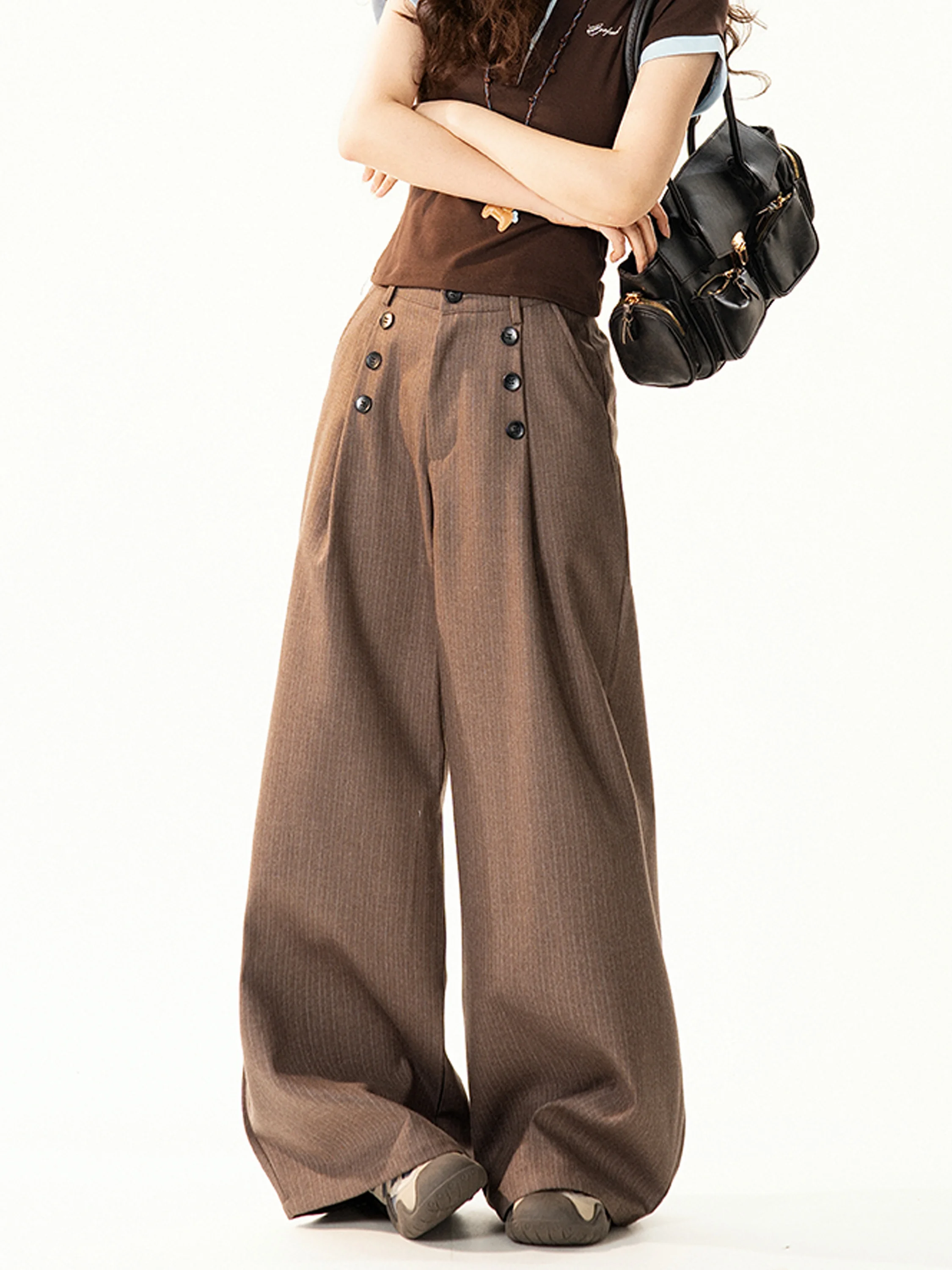 

Женские повседневные брюки в стиле ретро с американским дизайном на пуговицах, широкие, свободные, стройнящие, универсальные, длинные, модные, с высокой талией