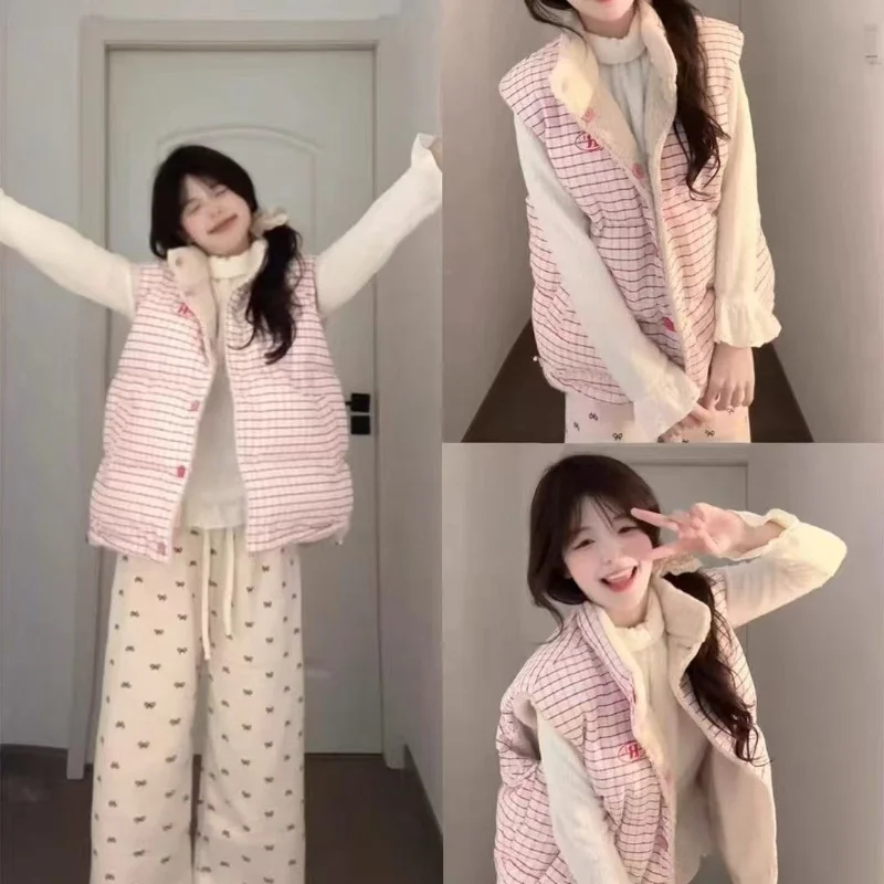 

Двусторонний жилет из овечьей шерсти и хлопка, розовый, в клетку, для многослойного образа, милый, повседневный, на подкладке, женский жилет