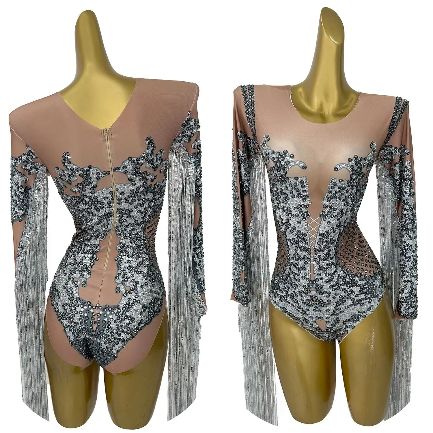 Sparkly pailletten strass sexy afdrukken bodysuit vrouwen verjaardagsfeestje podiumvoorstelling korte jumpsuit kwastje mouwen gongdian